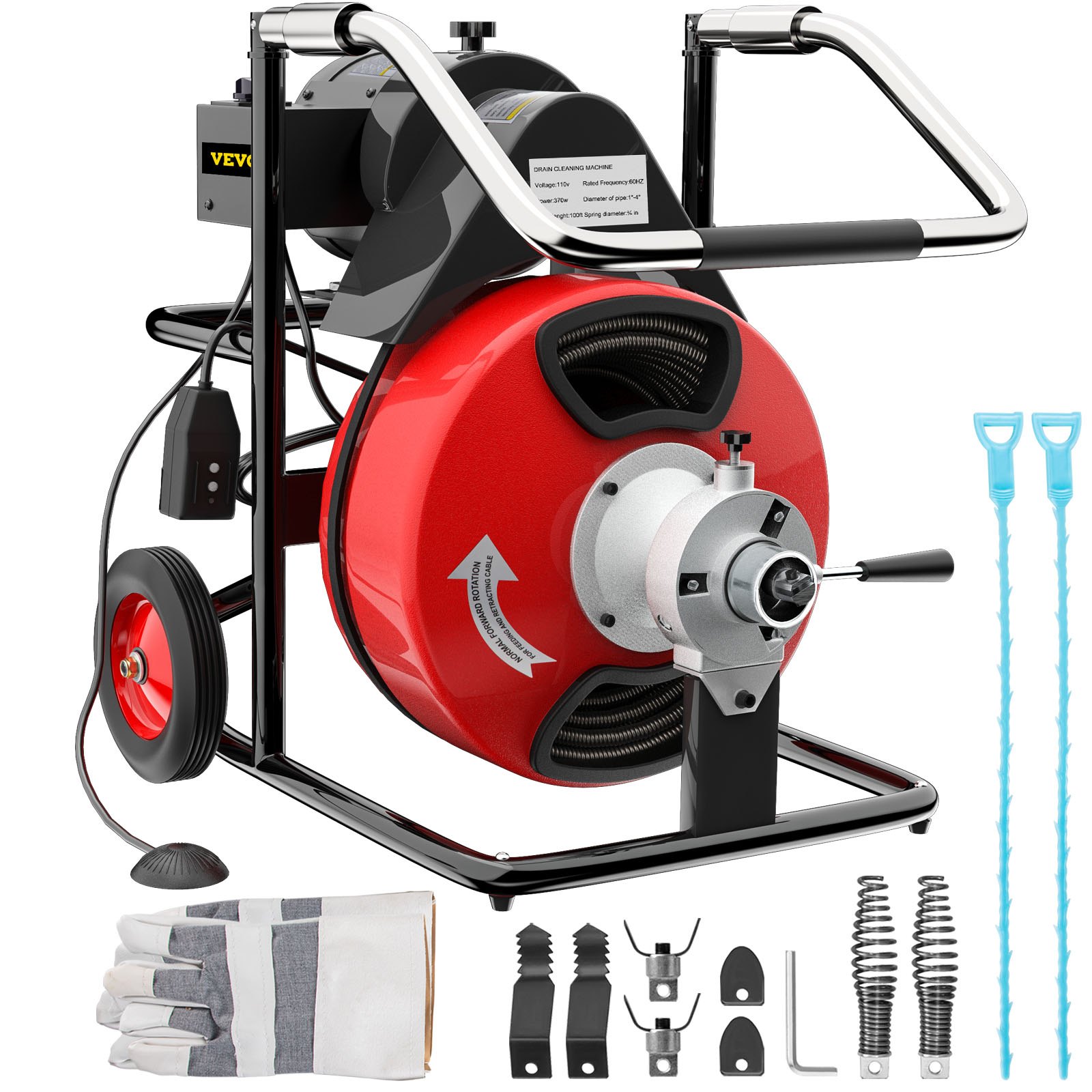 100' x 3/8" Drain Cleaner 370W Drain Cleaning Machine W/Cutter