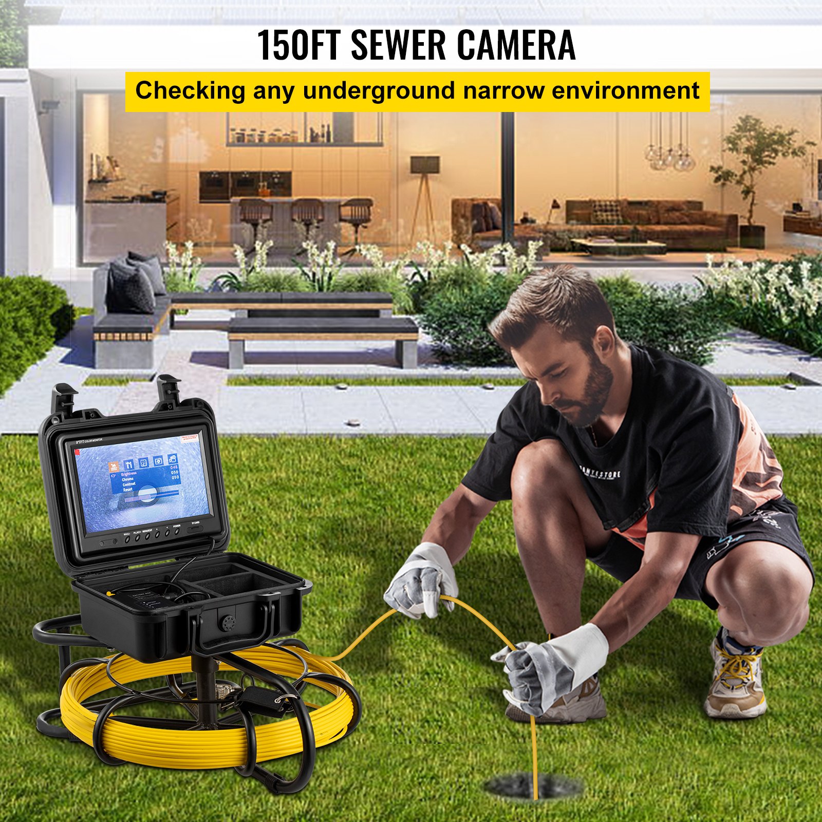 VEVOR Sewer Camera, 150 ft Pipeline Inspection Camera with 9-inch Screen, Waterproof IP68 Borescope Camera with 12 Adjustable LEDs, 16 GB SD Card, Industrial Endoscope for Sewer, Home, Duct Drain Pipe