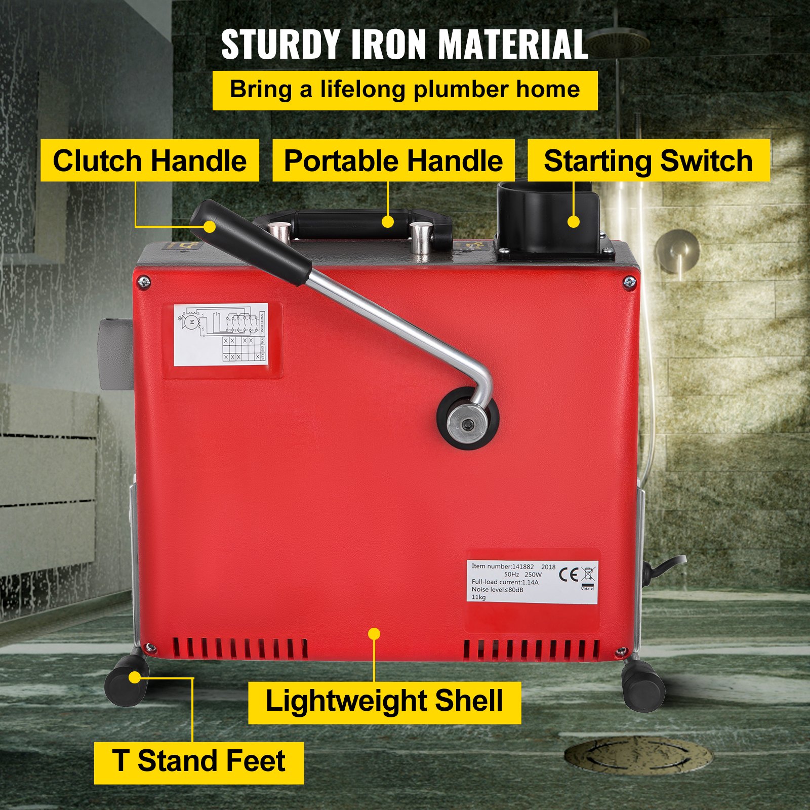 250W Sectional Drain Cleaner 20-100mm Cleaning Machine 15m Augers Spring Cable
