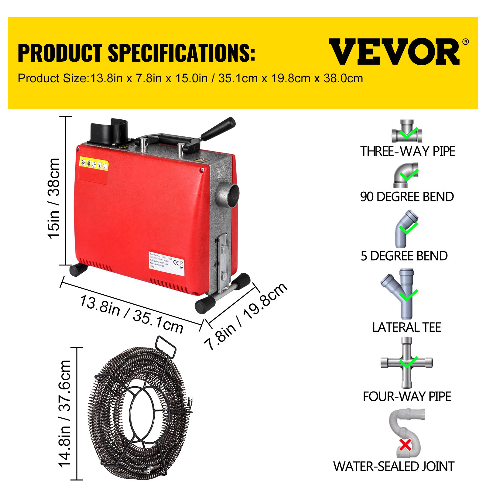 250W Sectional Drain Cleaner 20-100mm Cleaning Machine 15m Augers Spring Cable