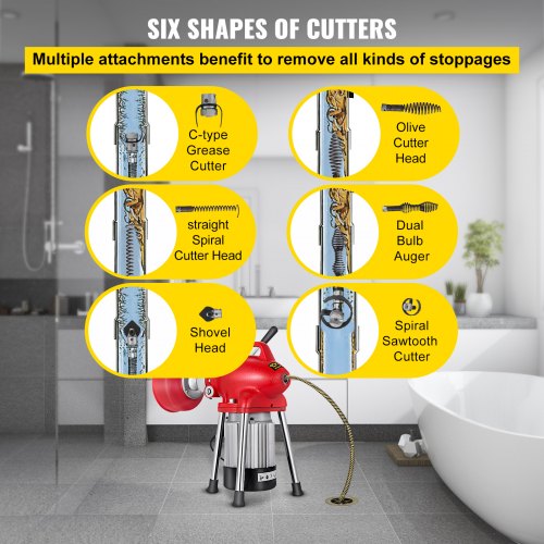 VEVOR 250W Electric Pipe Dredger Pipeline Unblocker w/ Cutter 3 Spiral 220 V Drain Auger for Kitchen Bathroom
