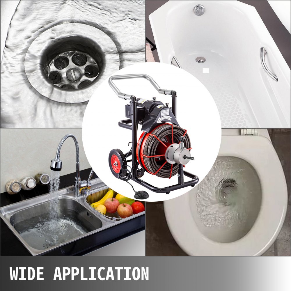 Sewer Machine Drain Cleaner 100ft 1/2" 370W Sewer Cleaning Clog w/ Cutters