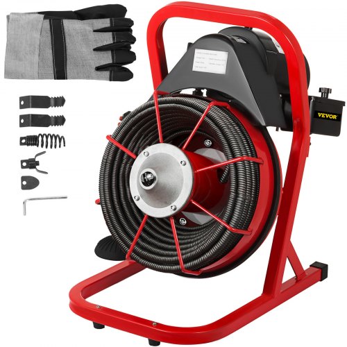 VEVOR 50FT x 1/2 Inch Drain Cleaning Machine, 250W Electric Drain Auger, Portable Sewer Snake Auger Cleaner with Cutters & Air-Activated Foot Switch for 1" to 4" Pipes, Black, Red
