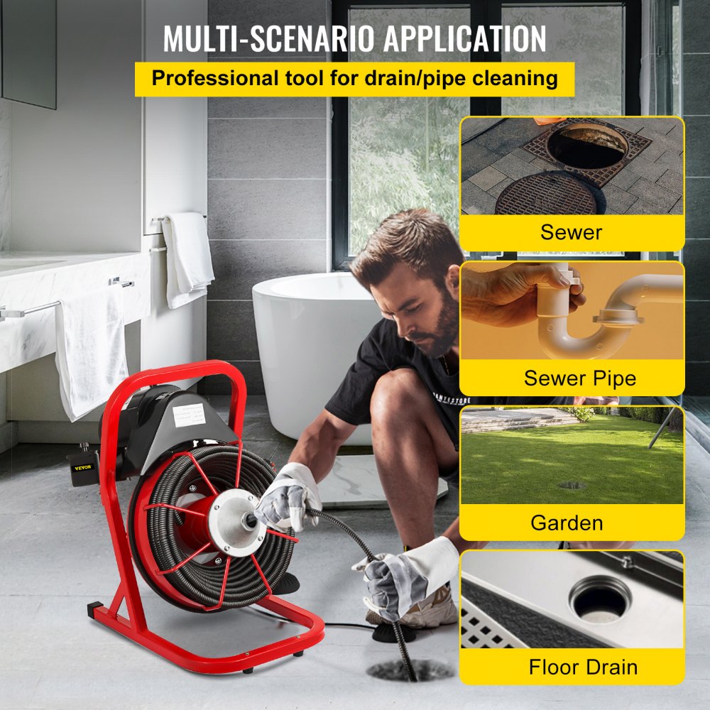 VEVOR 50FT x 1/2 Inch Drain Cleaning Machine, 250W Electric Drain Auger, Portable Sewer Snake Auger Cleaner with Cutters & Air-Activated Foot Switch for 1" to 4" Pipes, Black, Red