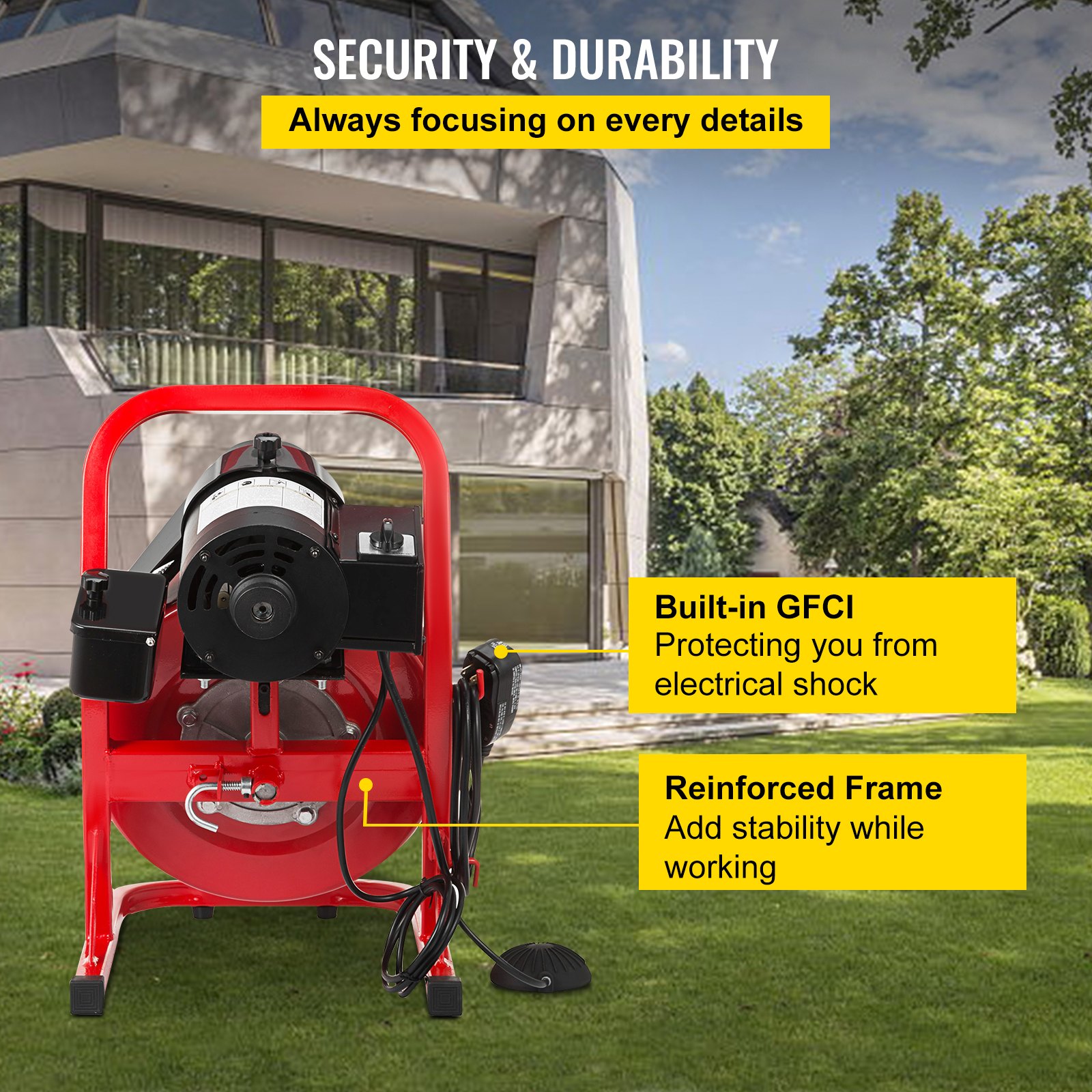 VEVOR 50FT x 1/2 Inch Drain Cleaning Machine, 250W Electric Drain Auger, Portable Sewer Snake Auger Cleaner with Cutters & Air-Activated Foot Switch for 1" to 4" Pipes, Black, Red