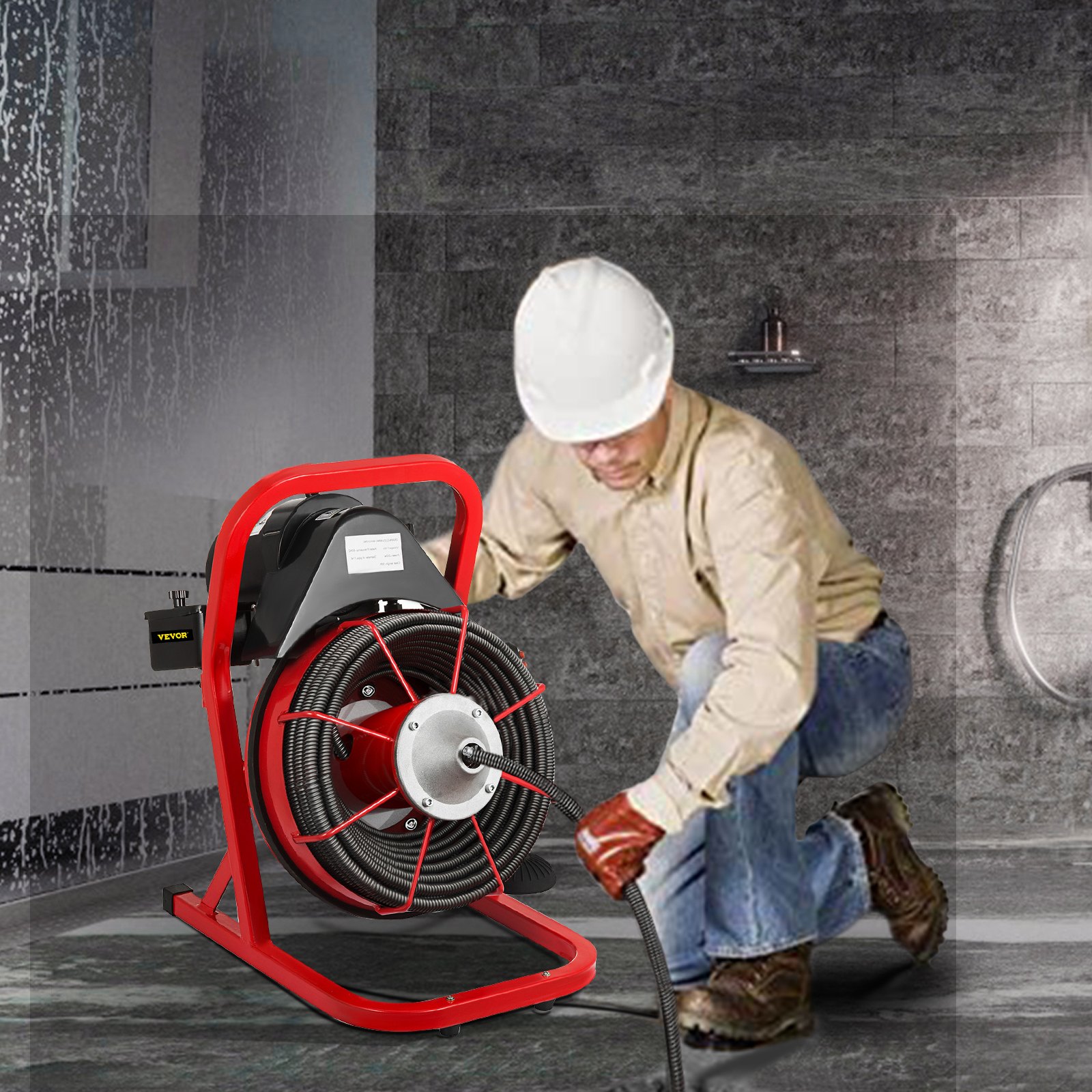 VEVOR 50FT x 1/2 Inch Drain Cleaning Machine, 250W Electric Drain Auger, Portable Sewer Snake Auger Cleaner with Cutters & Air-Activated Foot Switch for 1" to 4" Pipes, Black, Red