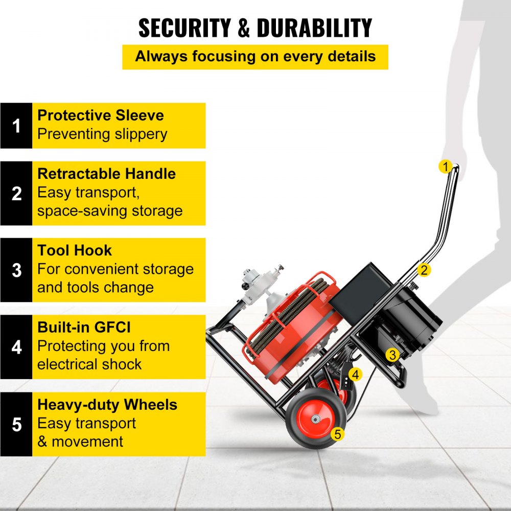 VEVOR Drain Cleaner 50' x 1/2" Drain Cleaning Machine 370W Sewer Clog w/ Cutters 1750R/min with 4 Cutter and Foot Switch for 3/4"-4" (20mm-100mm) Pipes
