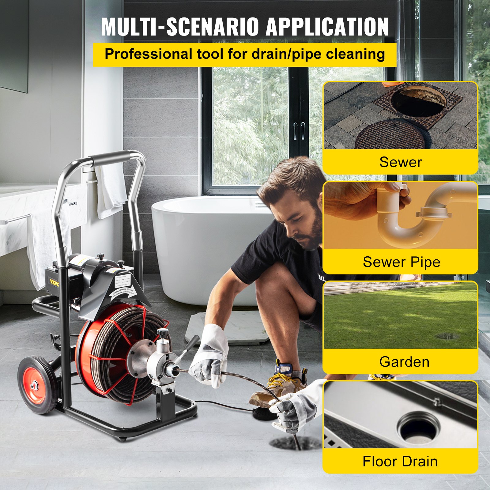 VEVOR Drain Cleaner 50' x 1/2" Drain Cleaning Machine 370W Sewer Clog w/ Cutters 1750R/min with 4 Cutter and Foot Switch for 3/4"-4" (20mm-100mm) Pipes