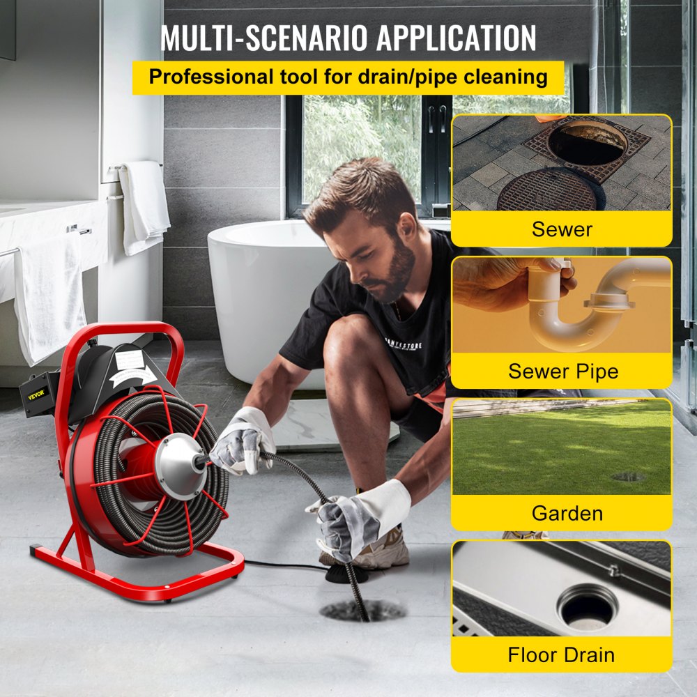 VEVOR 75FT x 1/2 Inch Drain Cleaning Machine, 370W Electric Drain Auger, Portable Sewer Snake Auger Cleaner with Cutters & Air-Activated Foot Switch for 1" to 4" Pipes, Black, Red