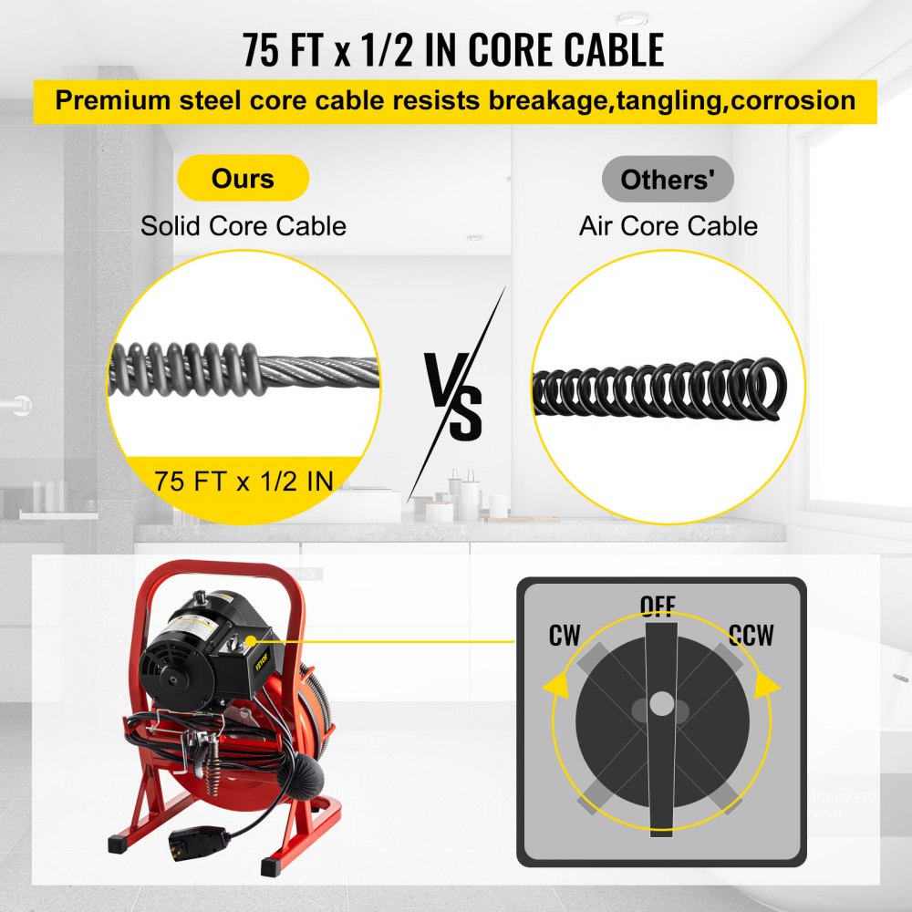 VEVOR 75FT x 1/2 Inch Drain Cleaning Machine, 370W Electric Drain Auger, Portable Sewer Snake Auger Cleaner with Cutters & Air-Activated Foot Switch for 1" to 4" Pipes, Black, Red
