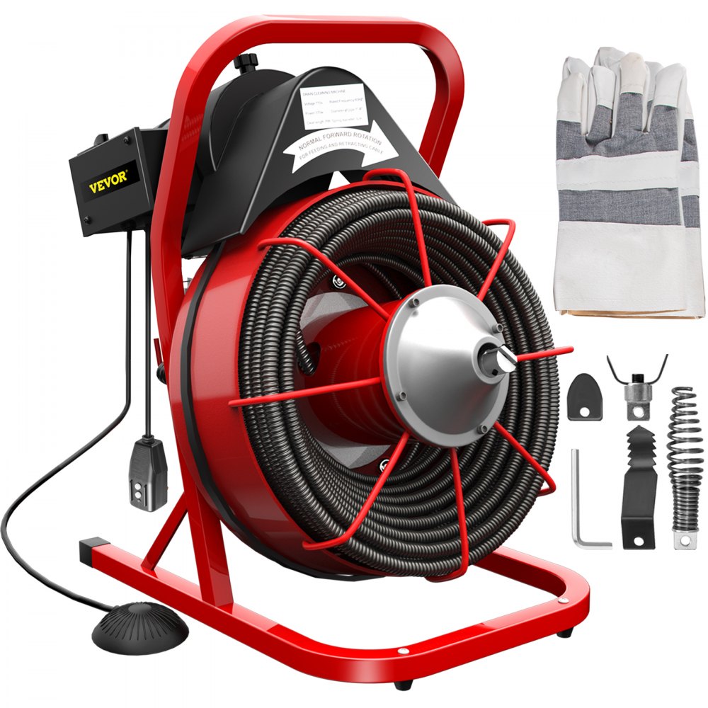 VEVOR drain cleaning machine with gloves and accessories in red and black.