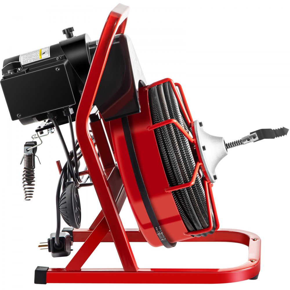 VEVOR 75FT x 1/2 Inch Drain Cleaning Machine, 370W Electric Drain Auger, Portable Sewer Snake Auger Cleaner with Cutters & Air-Activated Foot Switch for 1" to 4" Pipes, Black, Red