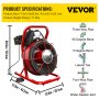 VEVOR drain cleaning machine with specs, dimensions, and compatible pipe types.