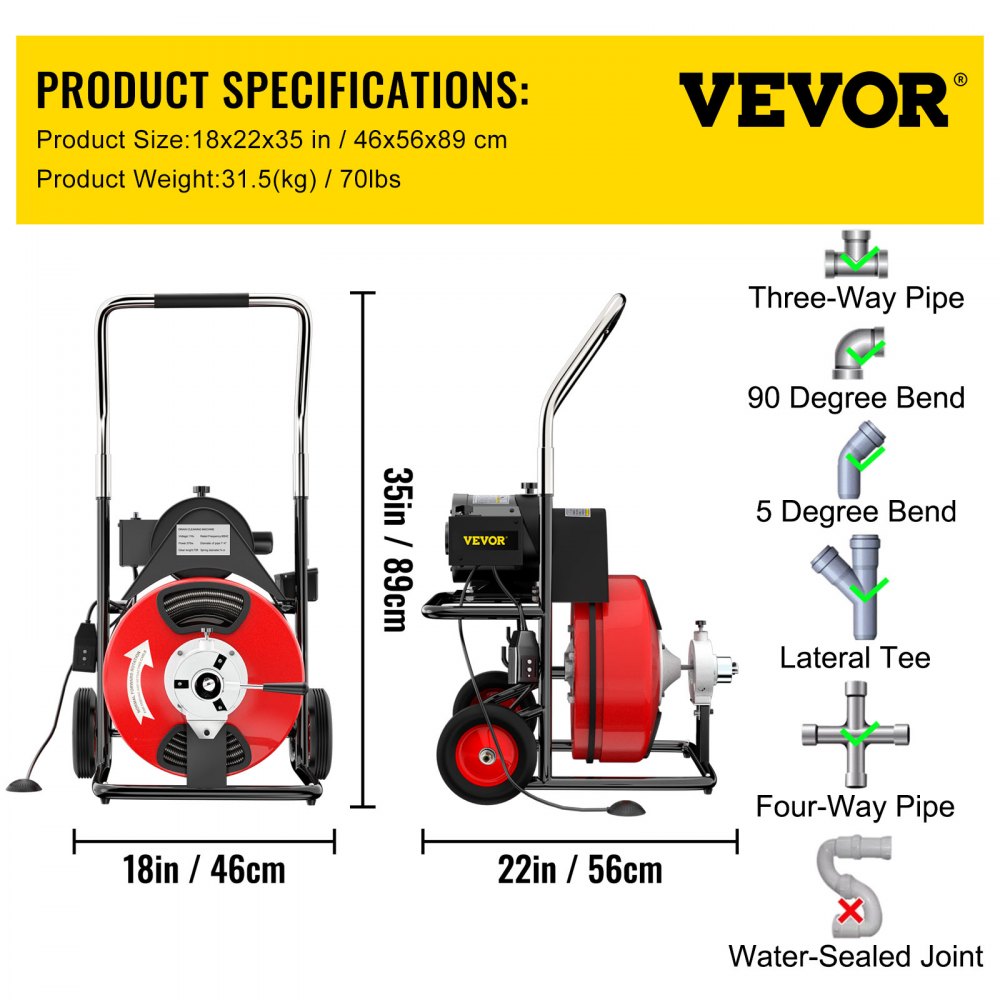 VEVOR 75Ft x 3/8Inch Drain Cleaner Machine fit 1-1/4 Inch (32mm) to 4 Inch(100mm) Pipes 370W Drain Cleaning Machine Portable Electric Drain Auger with 2 Sets of Cutters Electric Drain Auger