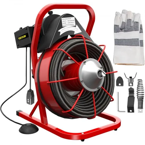 VEVOR 75FT x 3/8 Inch Drain Cleaning Machine, 250W Electric Drain Auger, Portable Sewer Snake Auger Cleaner with Cutters & Air-Activated Foot Switch for 2" to 4" Pipes, Black, Red