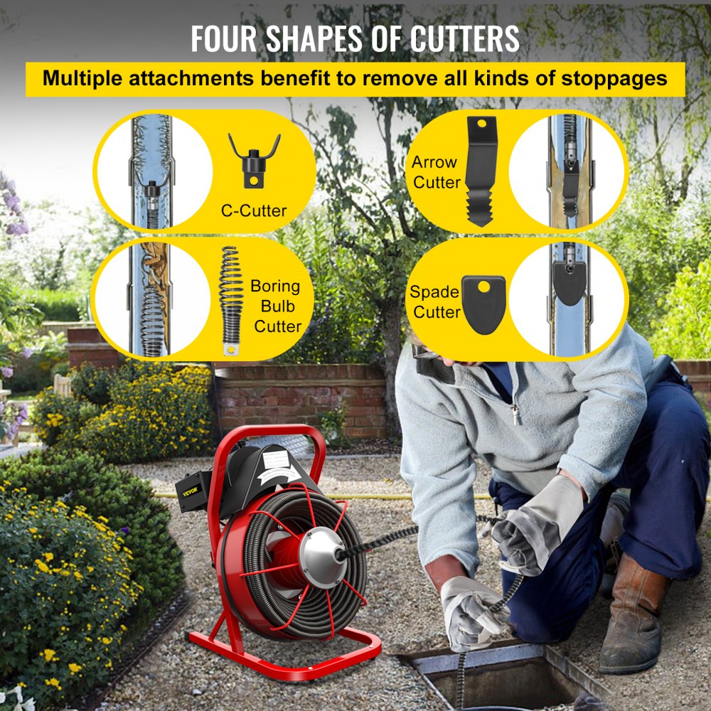 VEVOR 75FT x 3/8 Inch Drain Cleaning Machine, 250W Electric Drain Auger, Portable Sewer Snake Auger Cleaner with Cutters & Air-Activated Foot Switch for 2" to 4" Pipes, Black, Red