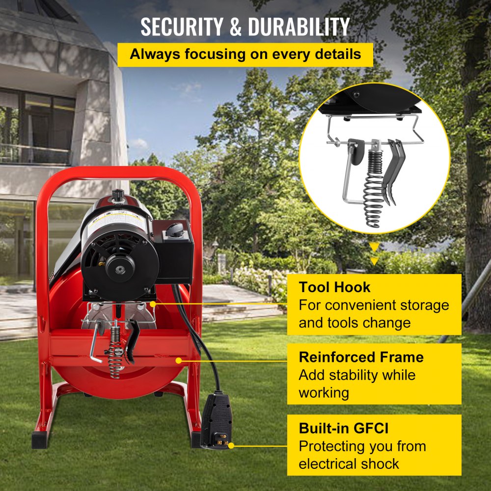 VEVOR 75FT x 3/8 Inch Drain Cleaning Machine, 250W Electric Drain Auger, Portable Sewer Snake Auger Cleaner with Cutters & Air-Activated Foot Switch for 2" to 4" Pipes, Black, Red