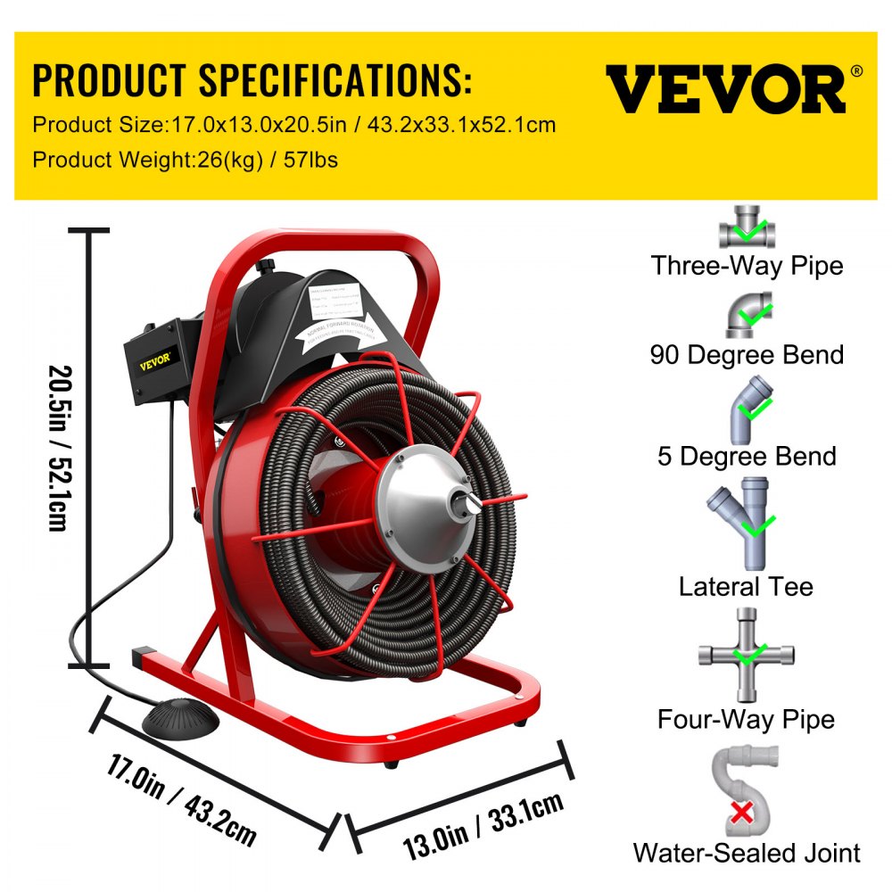 VEVOR 75FT x 3/8 Inch Drain Cleaning Machine, 250W Electric Drain Auger, Portable Sewer Snake Auger Cleaner with Cutters & Air-Activated Foot Switch for 2" to 4" Pipes, Black, Red