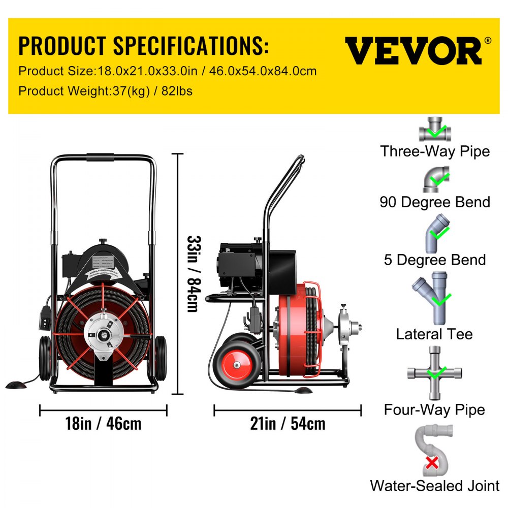VEVOR Máquina limpiadora de drenaje de 75 pies x 3/8 pulgadas, alimentación automática, ajuste de tuberías de 1 "(25 mm) a 4" (100 mm), máquina de limpieza de drenaje abierto de 370 W, barrena de drenaje eléctrica portátil con cortadores, guante, serpiente de alcantarillado