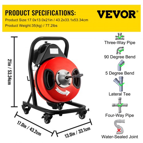 VEVOR Electric Drain Auger 50FTx1/2Inch,250W Drain Cleaner Machine,Sewer Snake Machine,Fit 2''- 4''/51mm-102mm Pipes, w/4 Wheels, Cutters,Foot Switch, for Drain Cleaners Plumbers