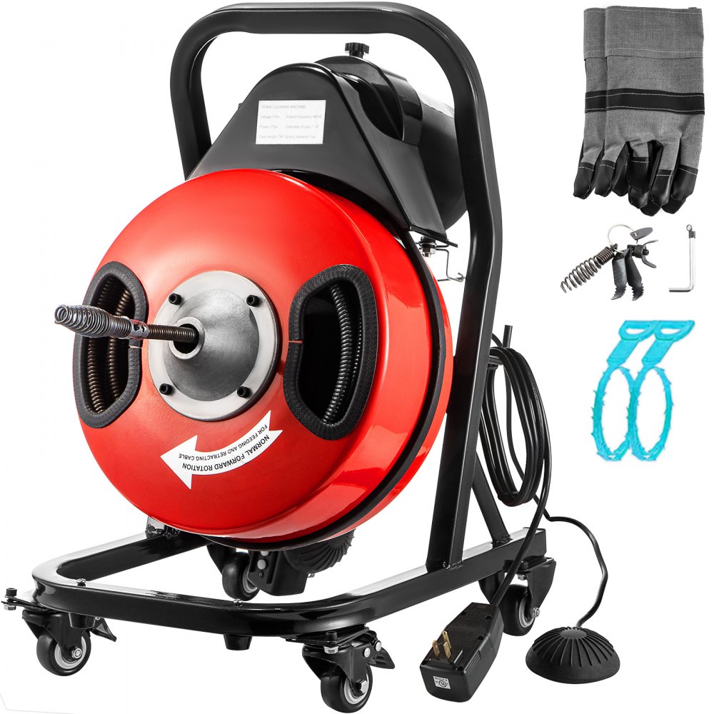 VEVOR Electric Drain Auger 50FTx1/2Inch,250W Drain Cleaner Machine,Sewer  Snake Machine,Fit 2''- 4''/51mm-102mm Pipes, w/4 Wheels, Cutters,Foot  Switch