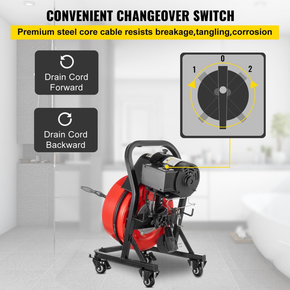 VEVOR Electric Drain Auger 50FTx1/2Inch,250W Drain Cleaner Machine,Sewer Snake Machine,Fit 2\'\'- 4\'\'/51mm-102mm Pipes, with 4 Wheels, Cutters,Foot Switch, for Drain Cleaners Plumbers