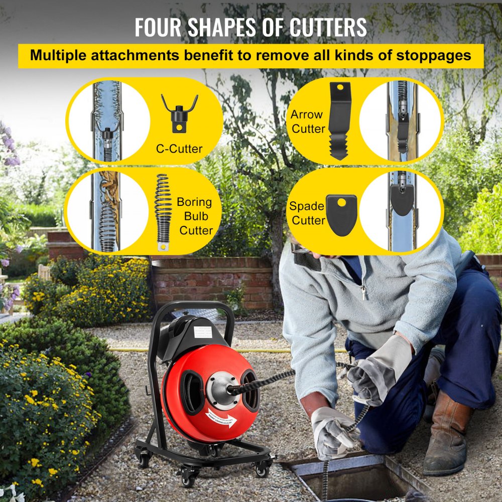 VEVOR Electric Drain Auger 50FTx1/2Inch,250W Drain Cleaner Machine,Sewer Snake Machine,Fit 2\'\'- 4\'\'/51mm-102mm Pipes, with 4 Wheels, Cutters,Foot Switch, for Drain Cleaners Plumbers