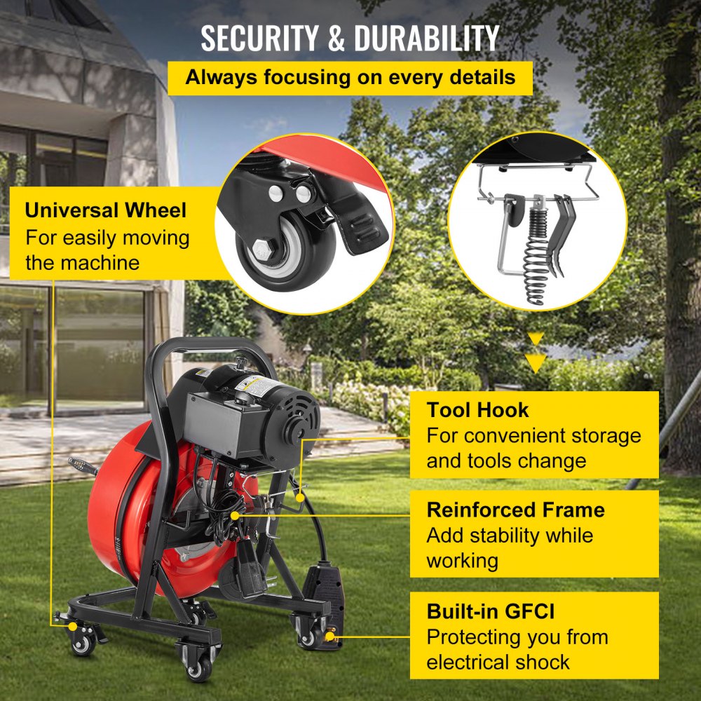 VEVOR Electric Drain Auger 50FTx1/2Inch,250W Drain Cleaner Machine,Sewer Snake Machine,Fit 2\'\'- 4\'\'/51mm-102mm Pipes, with 4 Wheels, Cutters,Foot Switch, for Drain Cleaners Plumbers