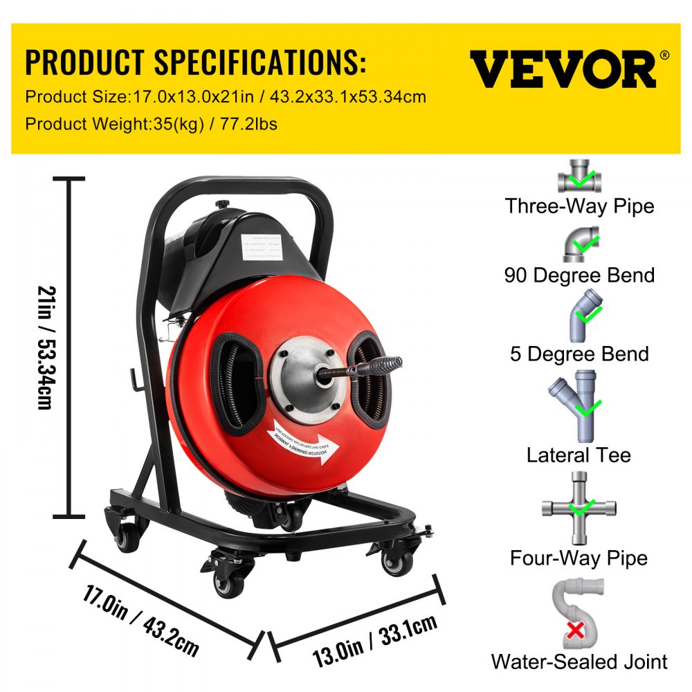 VEVOR Electric Drain Auger 50FTx1/2Inch,250W Drain Cleaner Machine,Sewer Snake Machine,Fit 2\'\'- 4\'\'/51mm-102mm Pipes, with 4 Wheels, Cutters,Foot Switch, for Drain Cleaners Plumbers