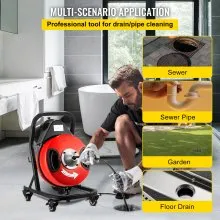 VEVOR Electric Drain Auger 50FTx1/2Inch,250W Drain Cleaner Machine,Sewer Snake Machine,Fit 2''- 4''/51mm-102mm Pipes, w/4 Wheels, Cutters,Foot Switch, for Drain Cleaners Plumbers