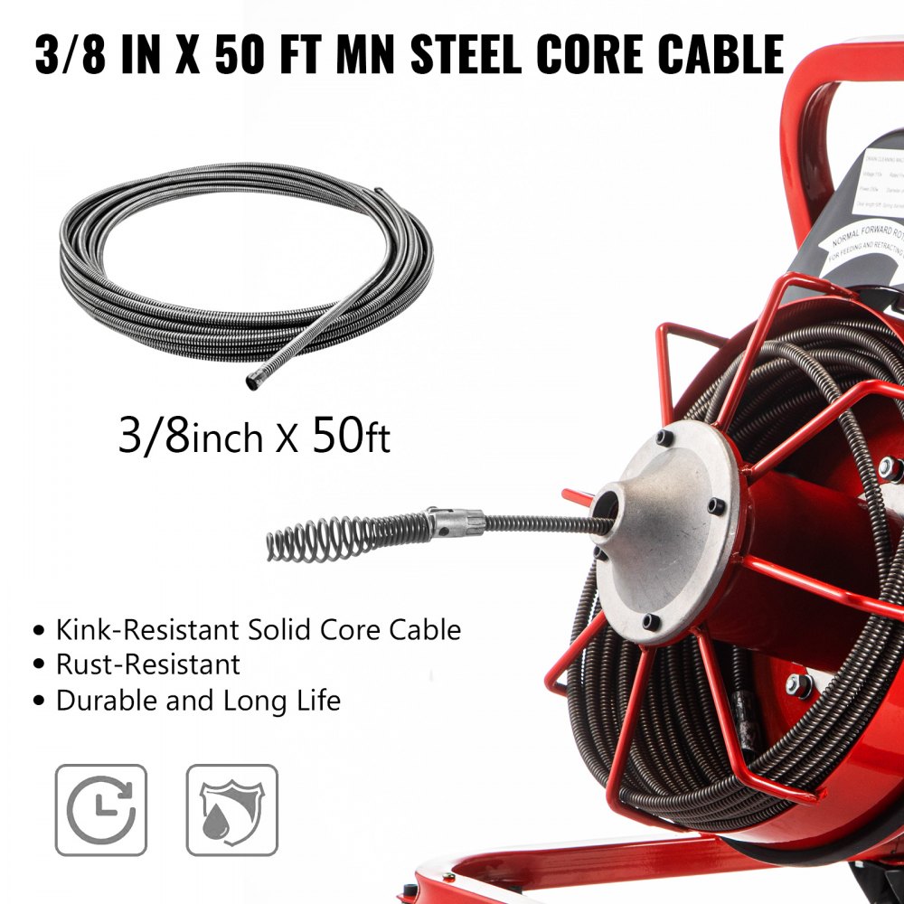 VEVOR Drain Cleaner Machine Electric Drain Auger 15m x 10mm Cable 370W w/Cutters