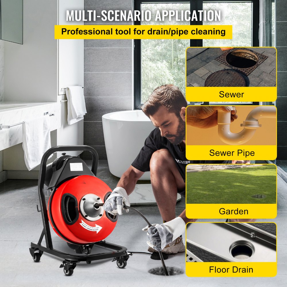 VEVOR Drain Cleaner Machine 50FTx3/8In. Electric Drain Auger 250W Sewer Snake Machine,Fit 1-1/2''(38mm) to 3(76mm) Pipes, w/4 Wheels,Cutters,Foot Switch,for Drain Cleaners Plumbers