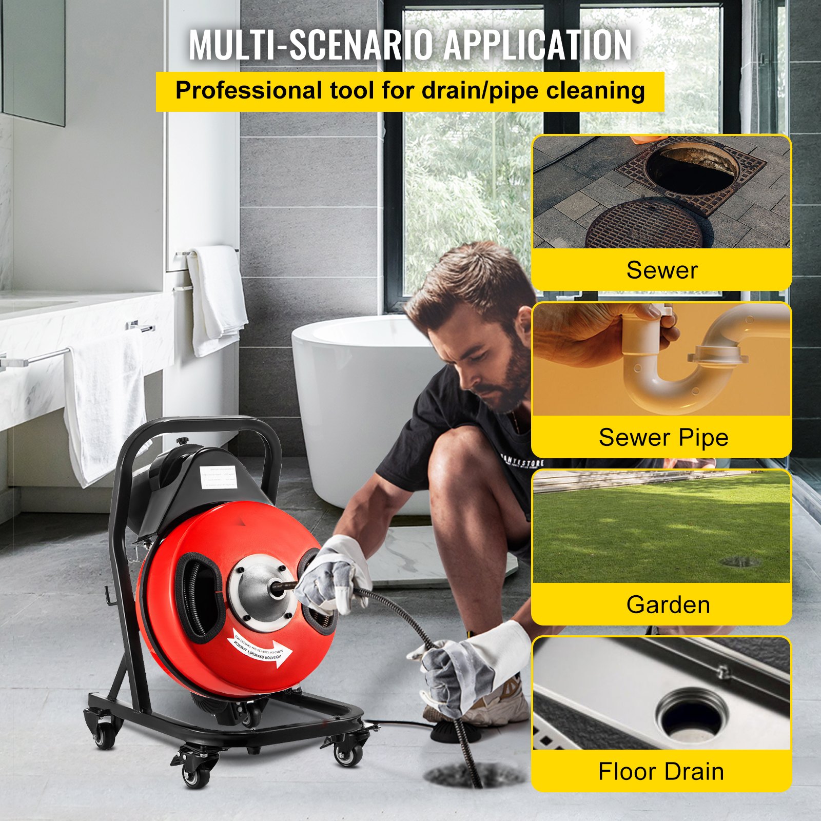 VEVOR Drain Cleaner Machine 50FTx3/8In. Electric Drain Auger 250W Sewer Snake Machine,Fit 1-1/2''(38mm) to 3(76mm) Pipes, w/4 Wheels,Cutters,Foot Switch,for Drain Cleaners Plumbers