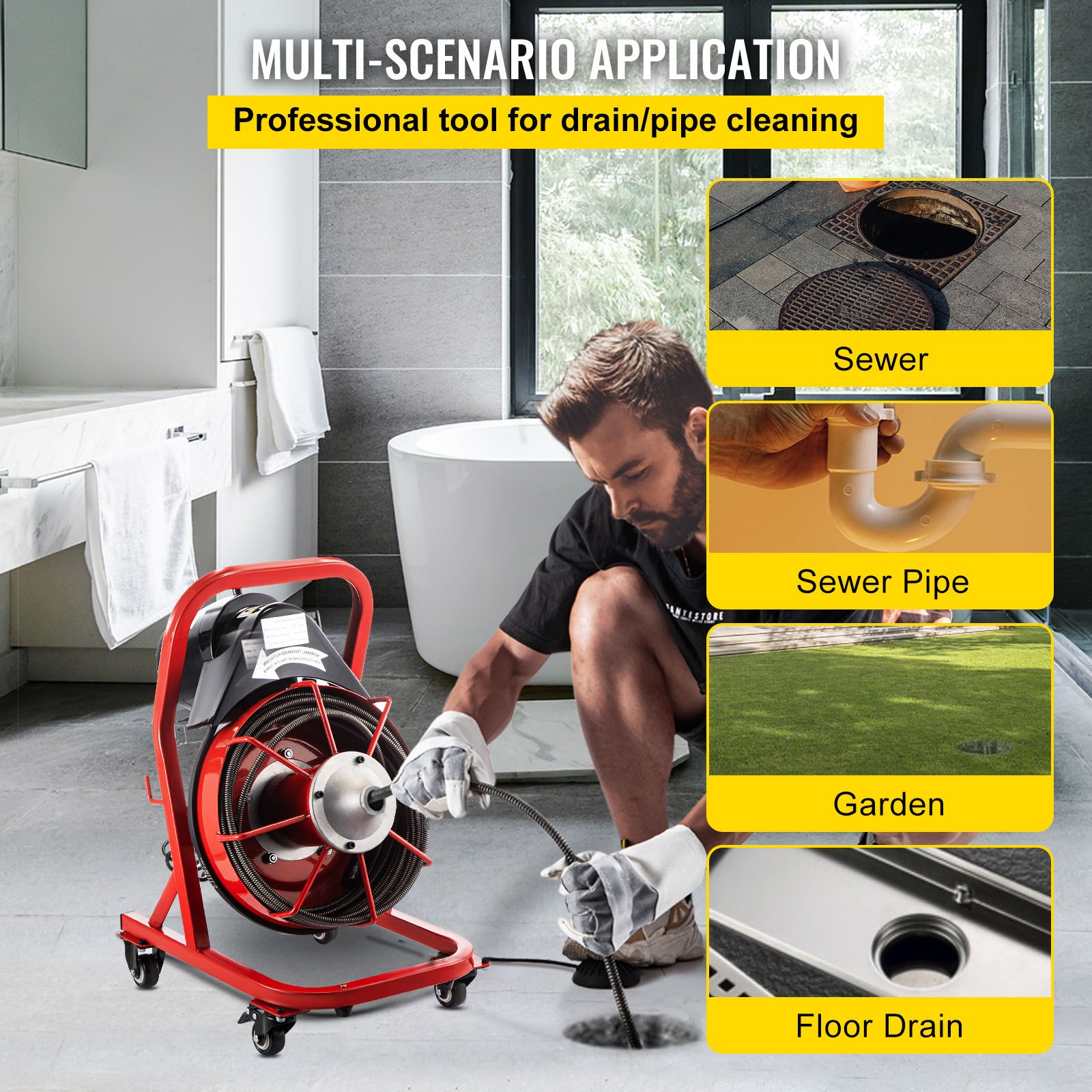 VEVOR Electric Drain Auger, 75' x 1/2", 370W Drain Cleaner Machine Fit 2''- 4'' Pipes, Plumbing Snake for Kitchen Sink, Bathroom Tub, Toilet Clogged, Drains Dredge, Foliose Sewers