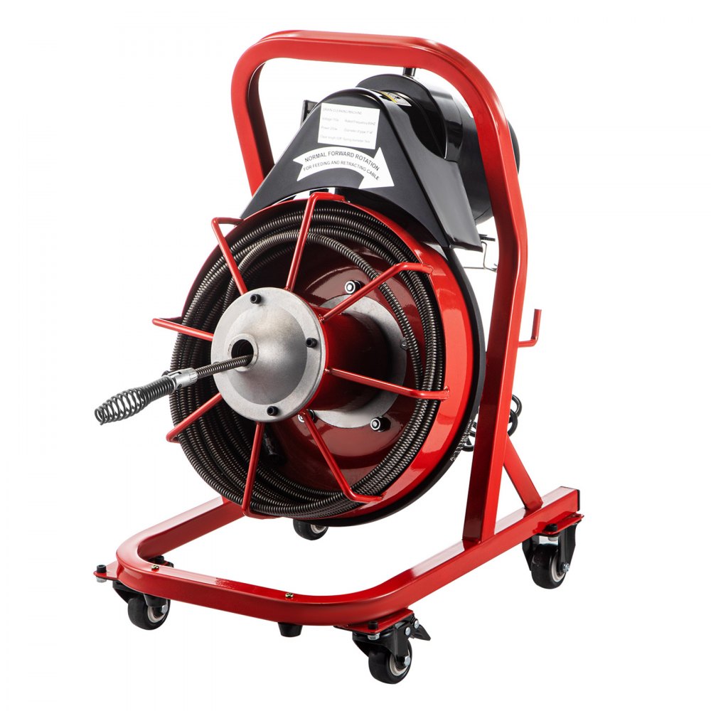 VEVOR 75FT x 3/8 Inch Drain Cleaning Machine, 250W Electric Drain Auger on Wheels, Portable Sewer Snake Auger Cleaner with Cutters & Air-Activated Foot Switch for 2" to 4" Pipes, Black, Red