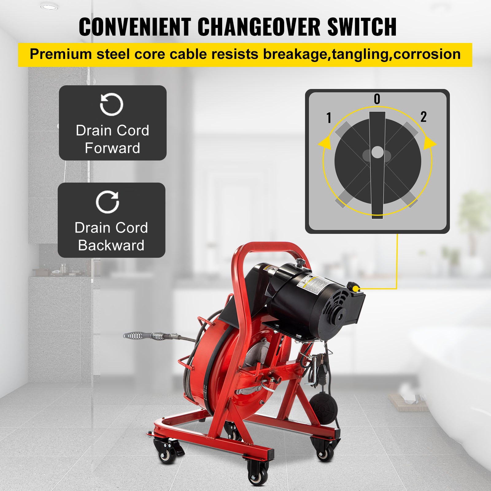 VEVOR 75FT x 3/8 Inch Drain Cleaning Machine, 250W Electric Drain Auger on Wheels, Portable Sewer Snake Auger Cleaner with Cutters & Air-Activated Foot Switch for 2" to 4" Pipes, Black, Red