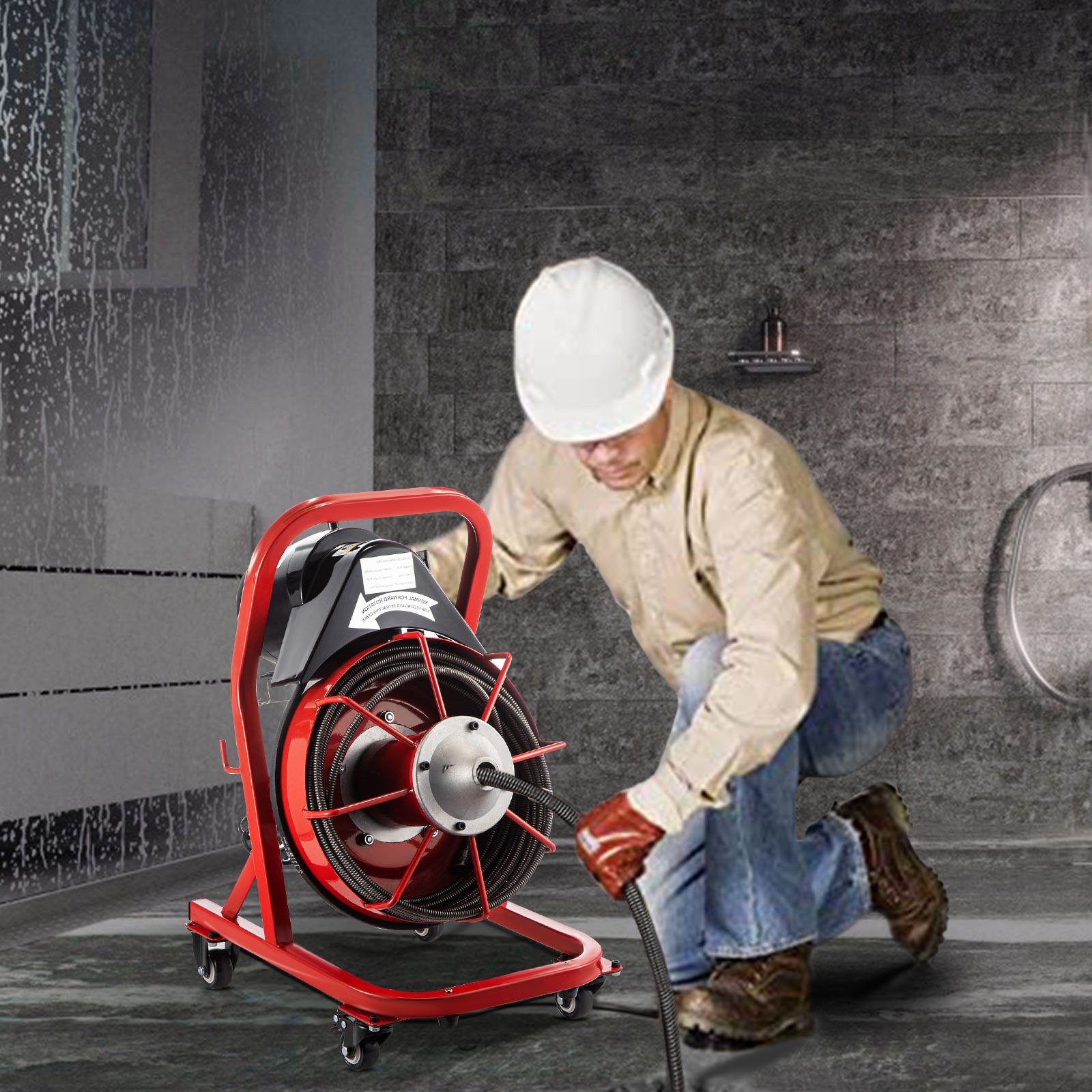 VEVOR 75FT x 3/8 Inch Drain Cleaning Machine, 250W Electric Drain Auger on Wheels, Portable Sewer Snake Auger Cleaner with Cutters & Air-Activated Foot Switch for 2" to 4" Pipes, Black, Red