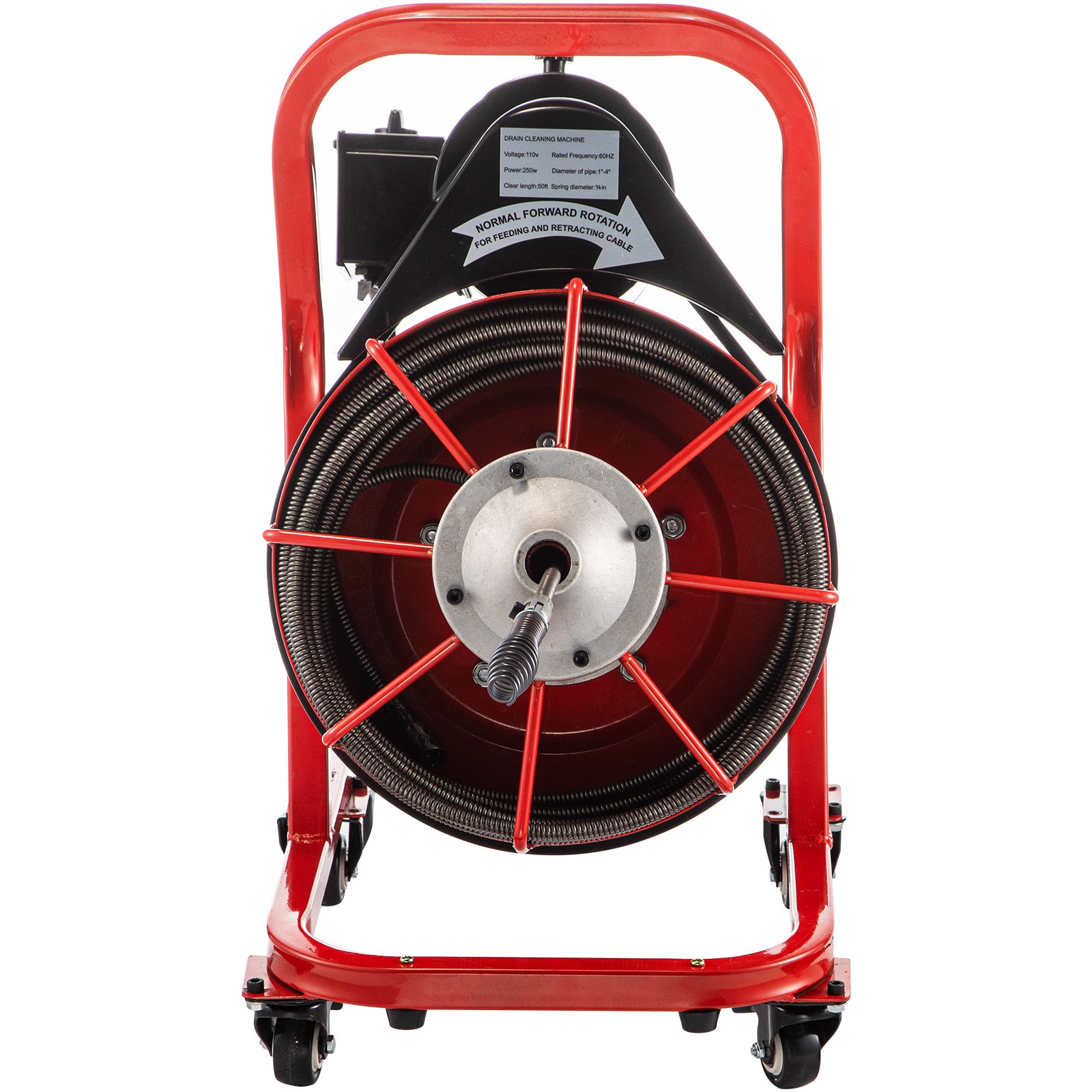VEVOR 75FT x 3/8 Inch Drain Cleaning Machine, 250W Electric Drain Auger on Wheels, Portable Sewer Snake Auger Cleaner with Cutters & Air-Activated Foot Switch for 2" to 4" Pipes, Black, Red