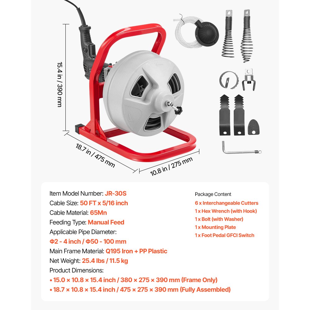 VEVOR Drain Cleaner Machine 15m x 8mm, Sewer Snake Auger with 228RPM Electric Drill, Manual Feed Drain Cleaning Machine with 6 Cutters & Air-activated Foot Switch for 50mm to 100mm Pipes