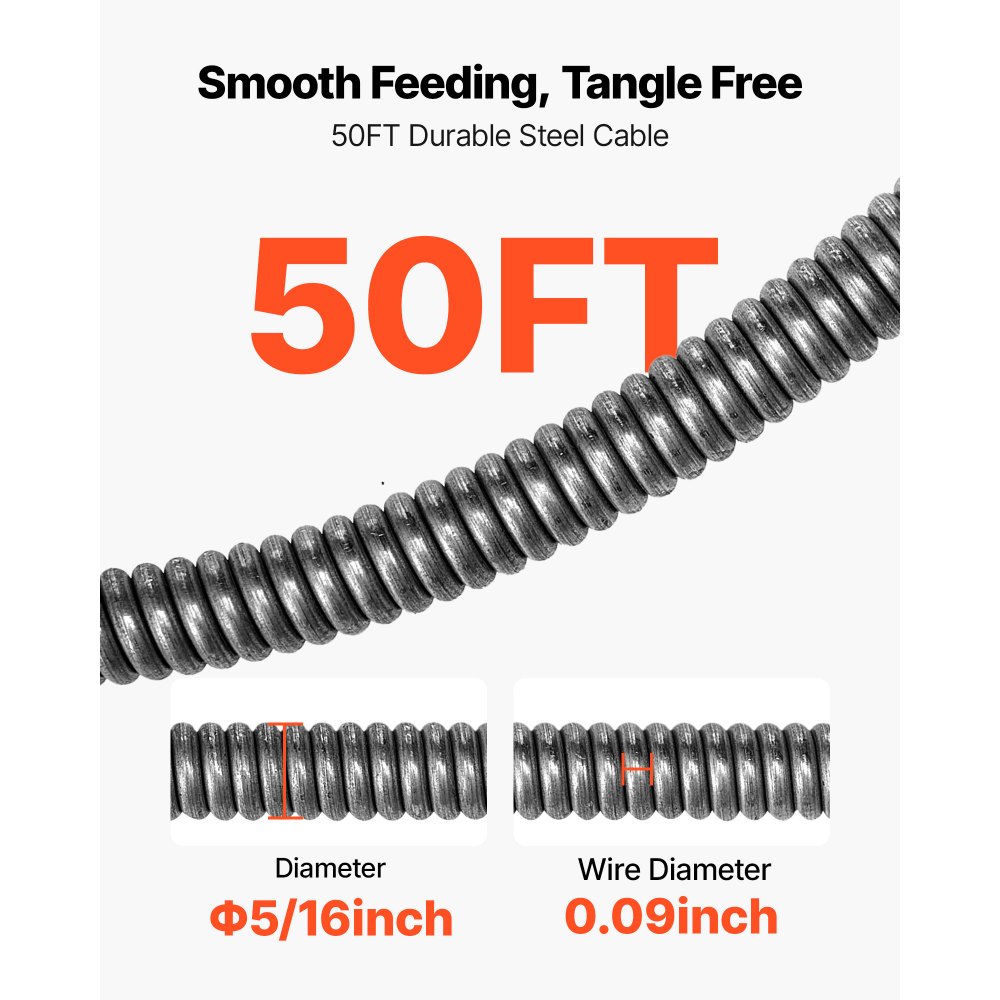 VEVOR Drain Cleaner Machine 15m x 8mm, Sewer Snake Auger with 228RPM Electric Drill, Manual Feed Drain Cleaning Machine with 6 Cutters & Air-activated Foot Switch for 50mm to 100mm Pipes