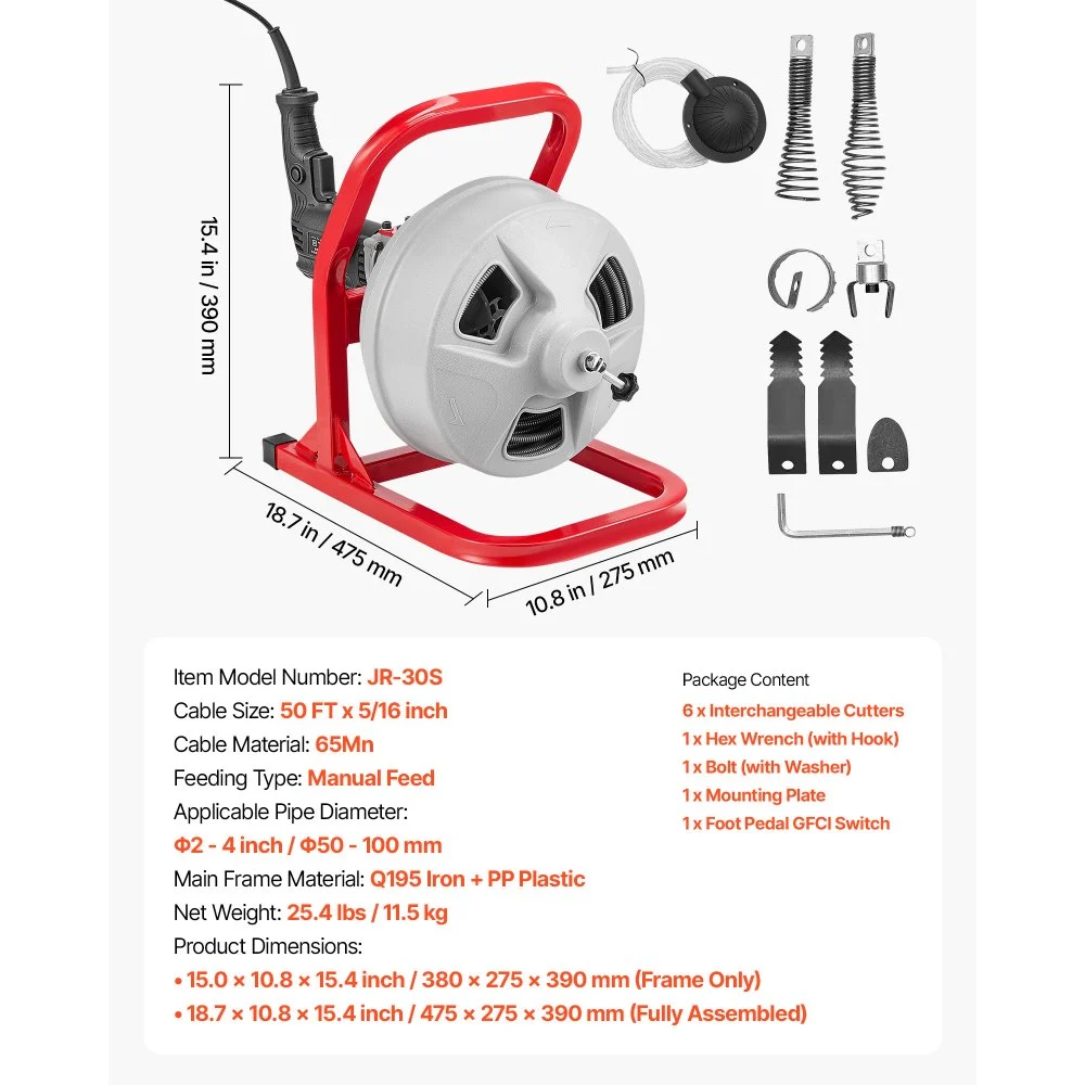 VEVOR Drain Cleaner Machine 15m x 8mm, Sewer Snake Auger with 228RPM Electric Drill, Manual Feed Drain Cleaning Machine with 6 Cutters & Air-activated Foot Switch for 50mm to 100mm Pipes