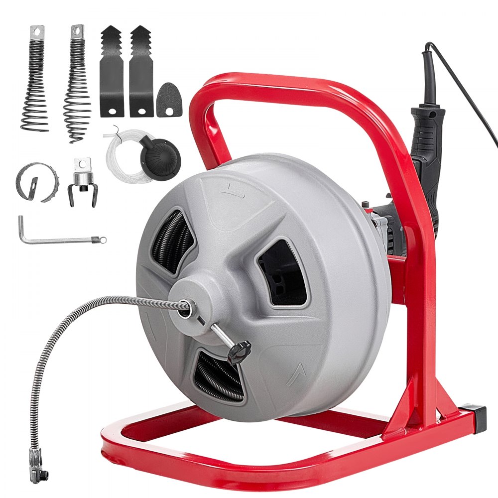 VEVOR Drain Cleaner Machine 15m x 8mm, Sewer Snake Auger with 228RPM Electric Drill, Manual Feed Drain Cleaning Machine with 6 Cutters & Air-activated Foot Switch for 50mm to 100mm Pipes