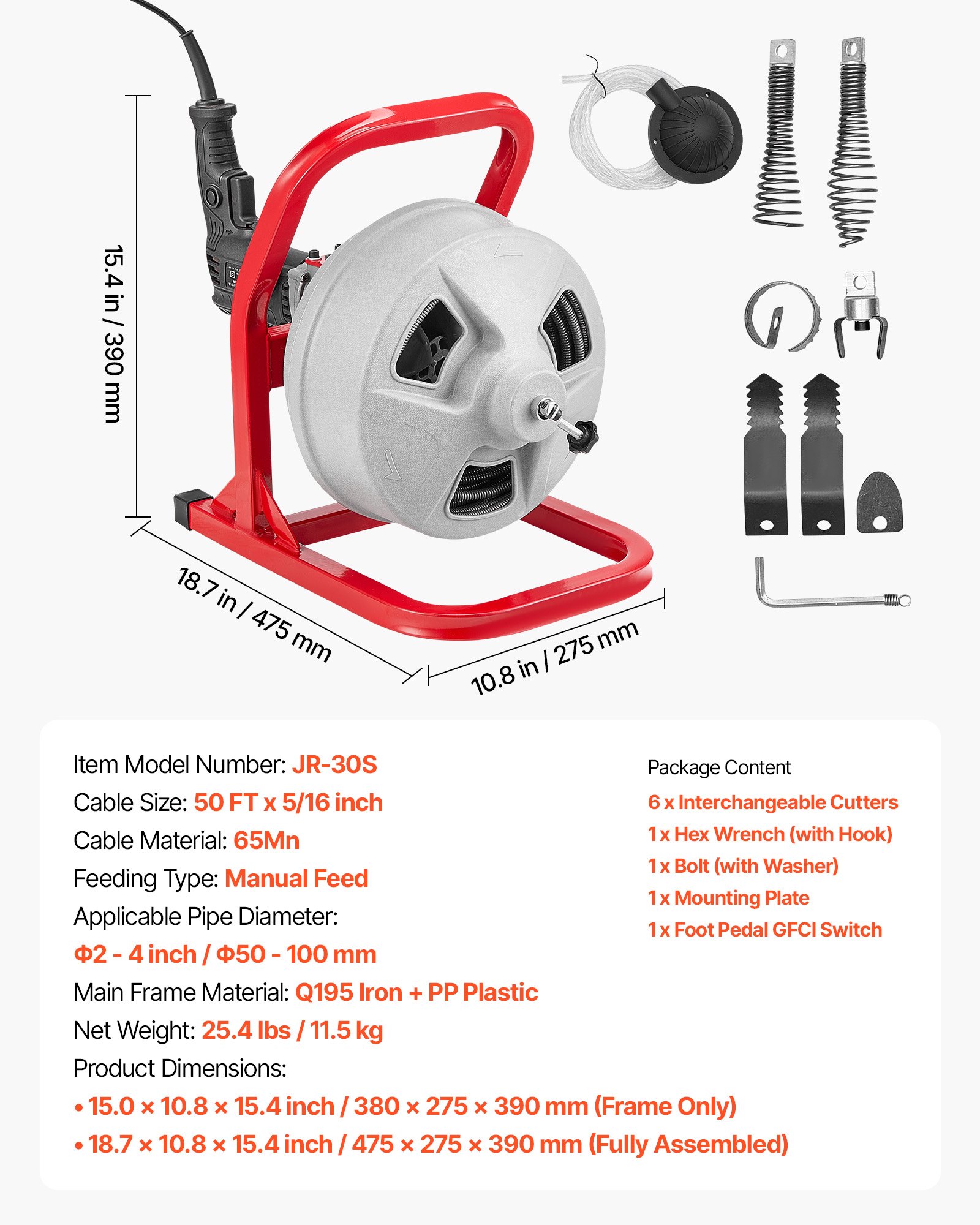 VEVOR Drain Cleaner Machine 15m x 8mm, Sewer Snake Auger with 228RPM Electric Drill, Manual Feed Drain Cleaning Machine with 6 Cutters & Air-activated Foot Switch for 50mm to 100mm Pipes