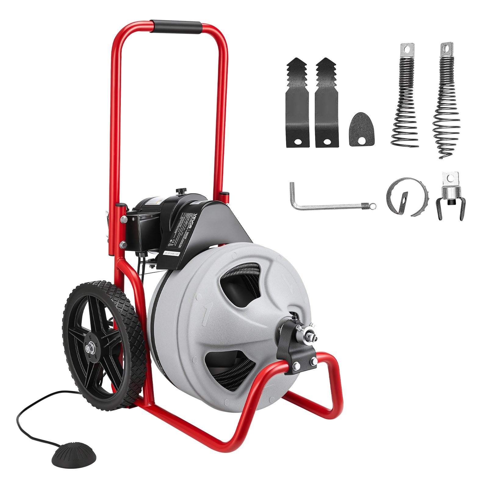 VEVOR Drain Cleaner Machine 22m x 9.5mm, Sewer Snake Auger Manual Feed on Wheels, Portable Drain Cleaning Machine with 6 Cutters & Air-activated Foot Switch for 50mm to 100mm Pipes
