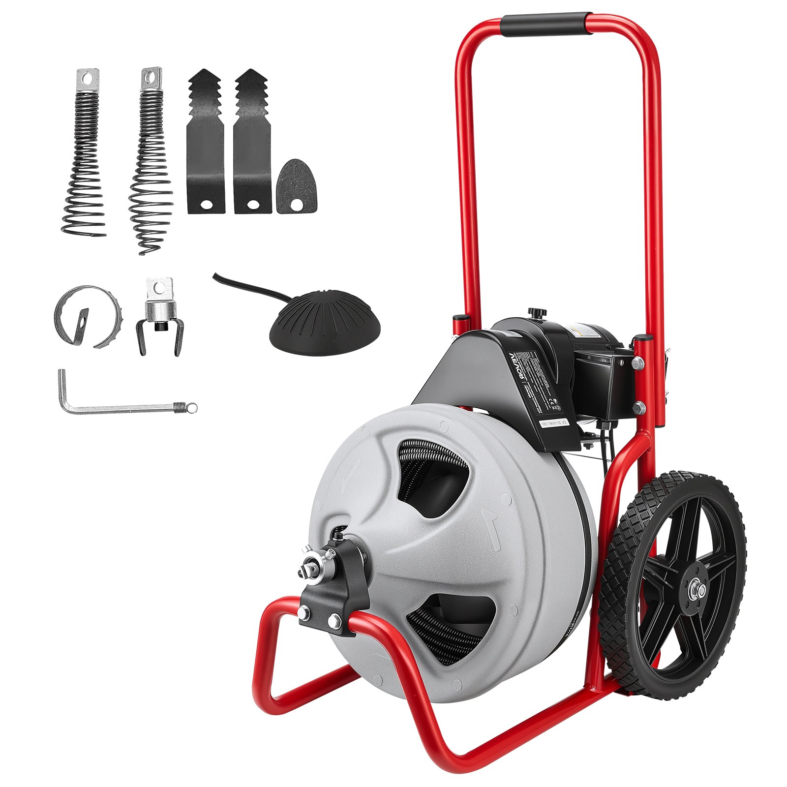 VEVOR Drain Cleaner Machine 22m x 9.5mm, Sewer Snake Auger Manual Feed on Wheels, Portable Drain Cleaning Machine with 6 Cutters & Air-activated Foot Switch for 50mm to 100mm Pipes