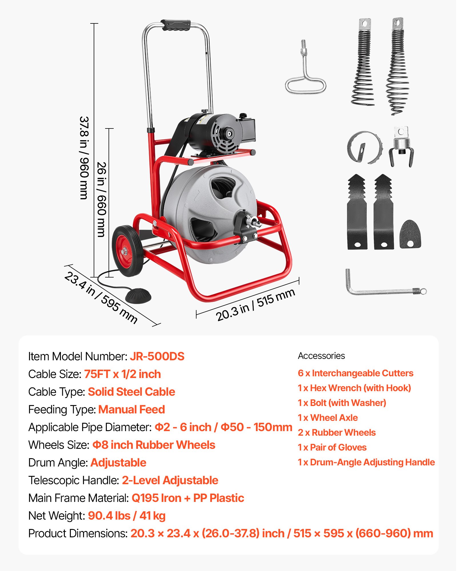 VEVOR Drain Cleaner Machine 22m x 12.7mm, Sewer Snake Auger on Wheels, Manual Feed Drain Cleaning Machine with Adjustable Drum Angle, 6 Cutters & Air-activated Foot Switch for 50mm to 150mm Pipes