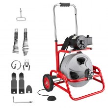 VEVOR Drain Cleaner Machine 75 FT x 3/8 Inch, Sewer Snake Auger on Wheels, Manual Feed Drain Cleaning Machine with Adjustable Drum Angle, 6 Cutters & Air-activated Foot Switch for 2" to 4" Pipes