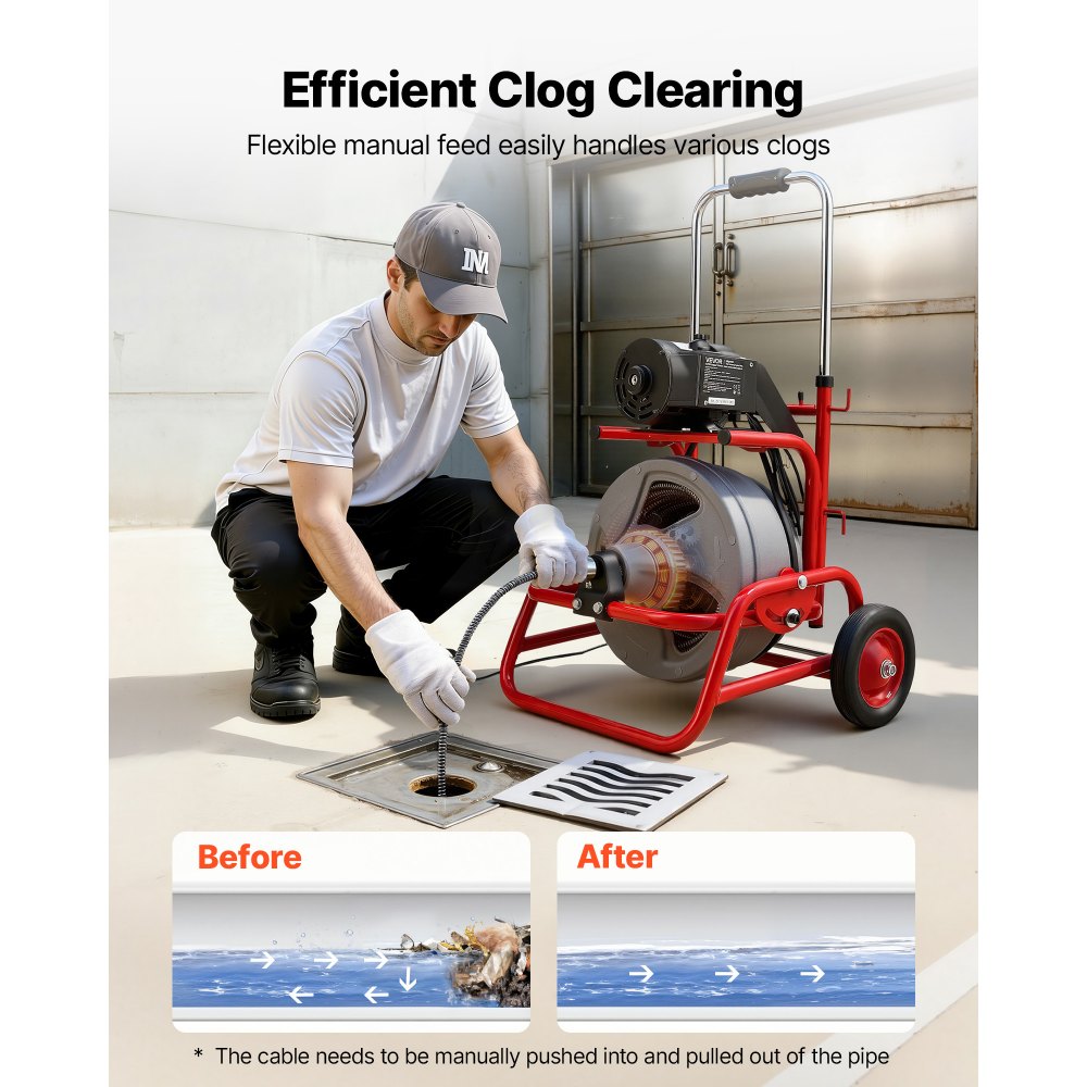 VEVOR Drain Cleaner Machine 22m x 9.5mm, Sewer Snake Auger on Wheels, Manual Feed Drain Cleaning Machine with Adjustable Drum Angle, 6 Cutters & Air-activated Foot Switch for 50mm to 100mm Pipes