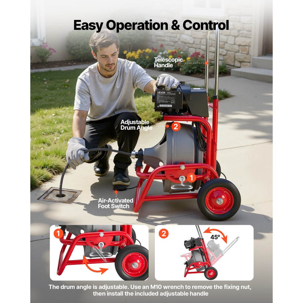 VEVOR Drain Cleaner Machine 22m x 9.5mm, Sewer Snake Auger on Wheels, Manual Feed Drain Cleaning Machine with Adjustable Drum Angle, 6 Cutters & Air-activated Foot Switch for 50mm to 100mm Pipes