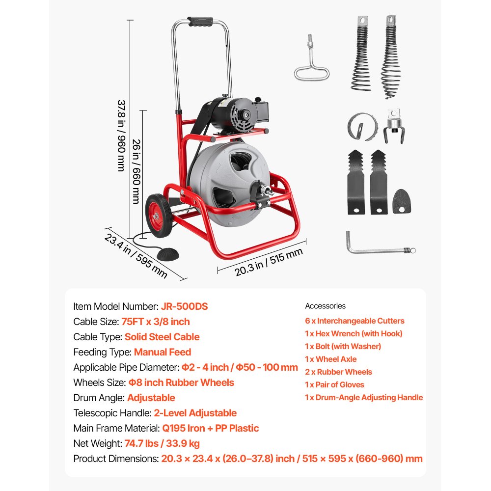 VEVOR Drain Cleaner Machine 22m x 9.5mm, Sewer Snake Auger on Wheels, Manual Feed Drain Cleaning Machine with Adjustable Drum Angle, 6 Cutters & Air-activated Foot Switch for 50mm to 100mm Pipes